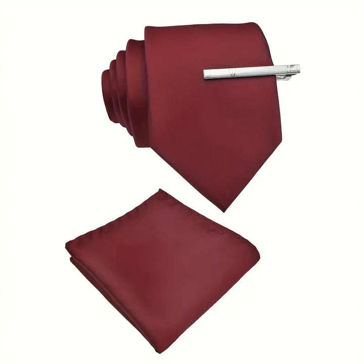 MENS SOLID COLOR NECKTIE AND POCKET SQUARE WITH TIE CLIP 09