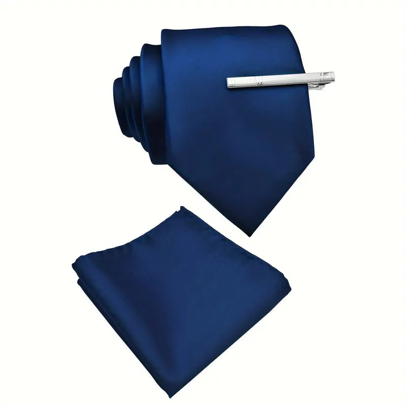 MENS SOLID COLOR NECKTIE AND POCKET SQUARE WITH TIE CLIP 09