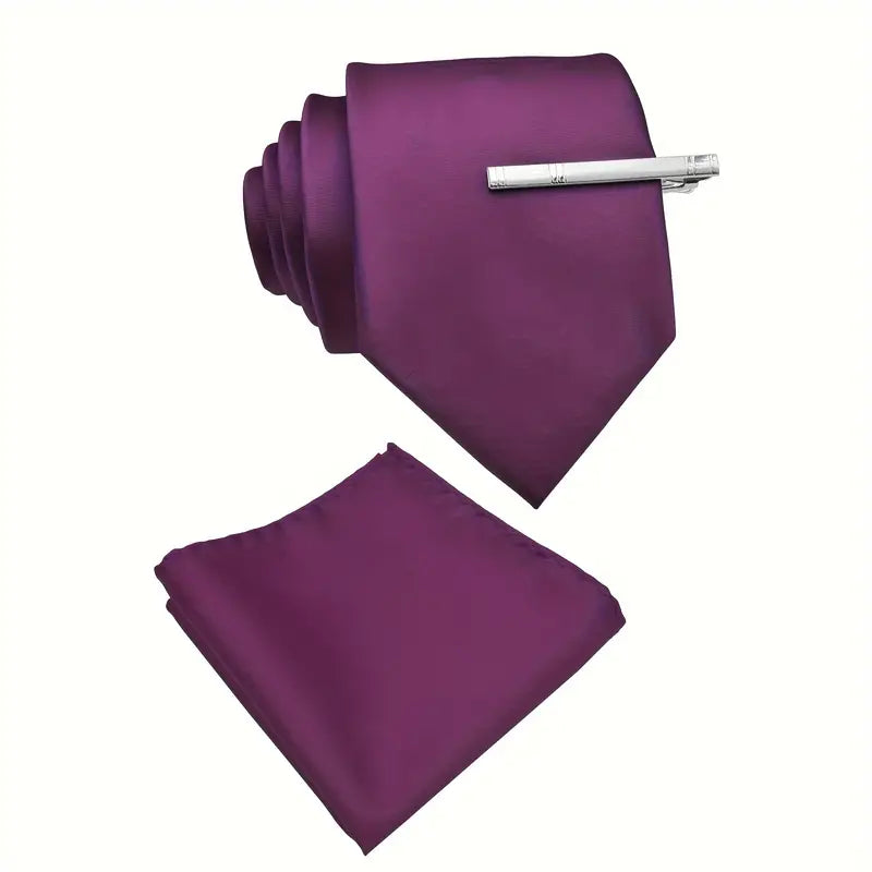 MENS SOLID COLOR NECKTIE AND POCKET SQUARE WITH TIE CLIP 09